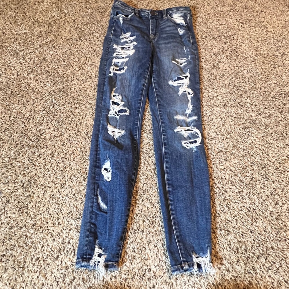 American Eagle Curvy High Rise Jegging Jeans 4‎ Dark Wash Distressed Next Level